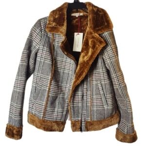 Solitaire Plaid Faux Sherpa Lined Aviator Moto Jacket Brown Tan Women's Small